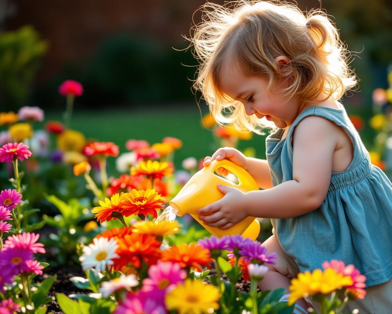 Niña regando flores en un jardín